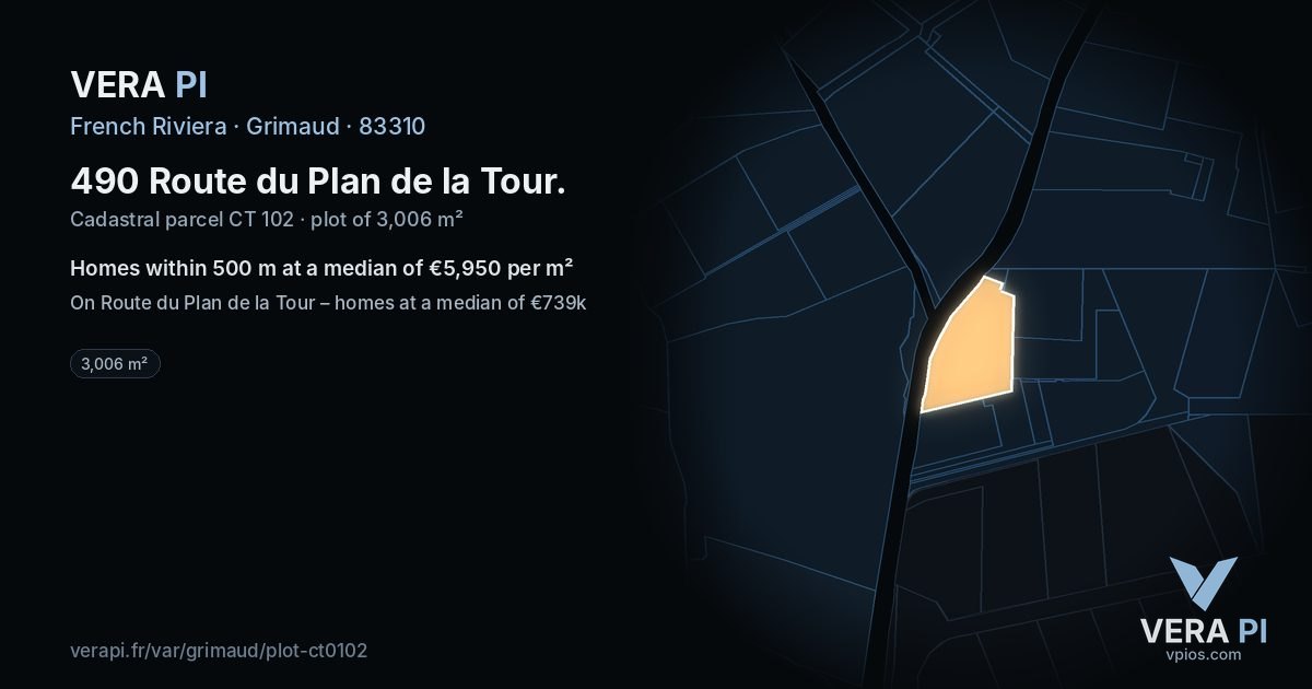 490 Route du Plan de la Tour, Grimaud at night – the plot lit, the parcels around coloured by the prices near them