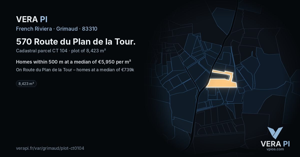 570 Route du Plan de la Tour, Grimaud at night – the plot lit, the parcels around coloured by the prices near them
