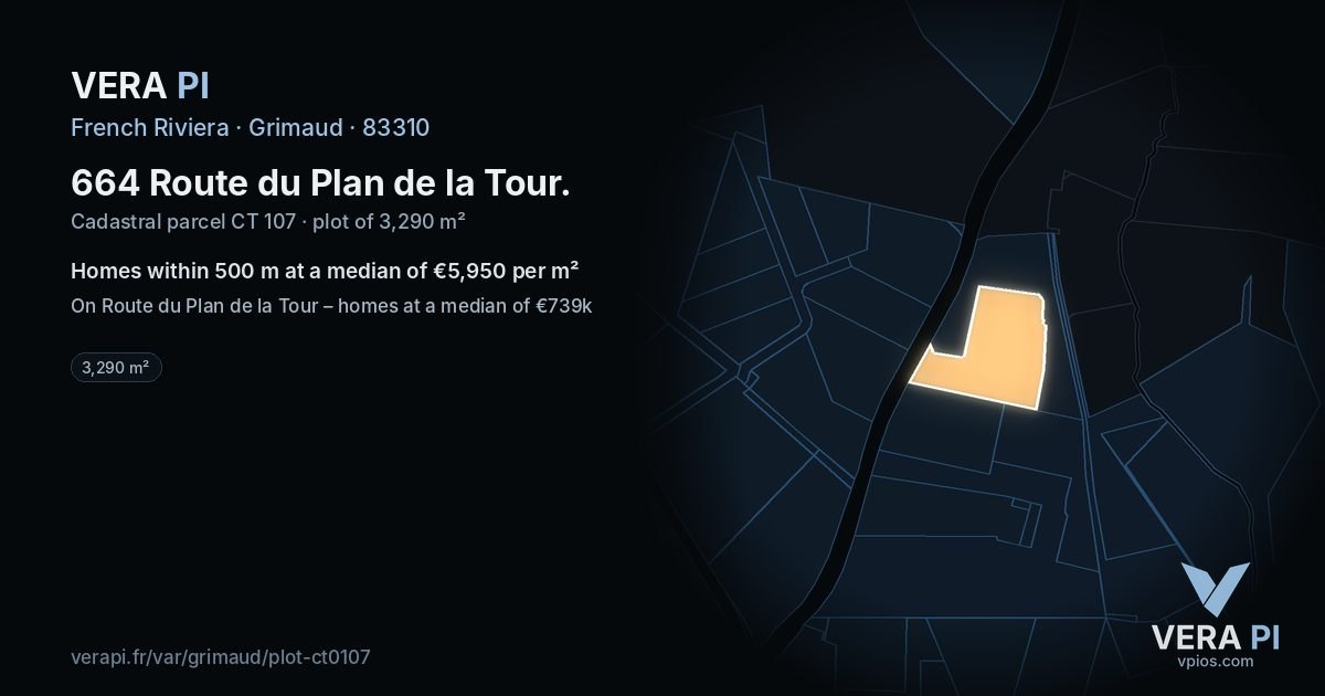 664 Route du Plan de la Tour, Grimaud at night – the plot lit, the parcels around coloured by the prices near them