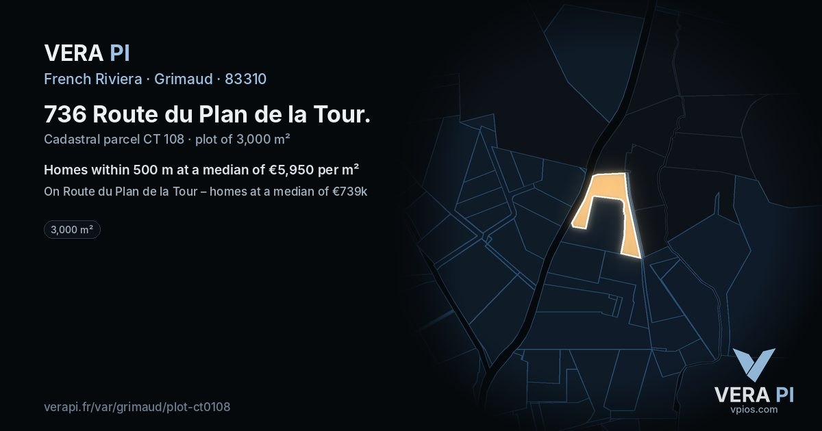 736 Route du Plan de la Tour, Grimaud at night – the plot lit, the parcels around coloured by the prices near them