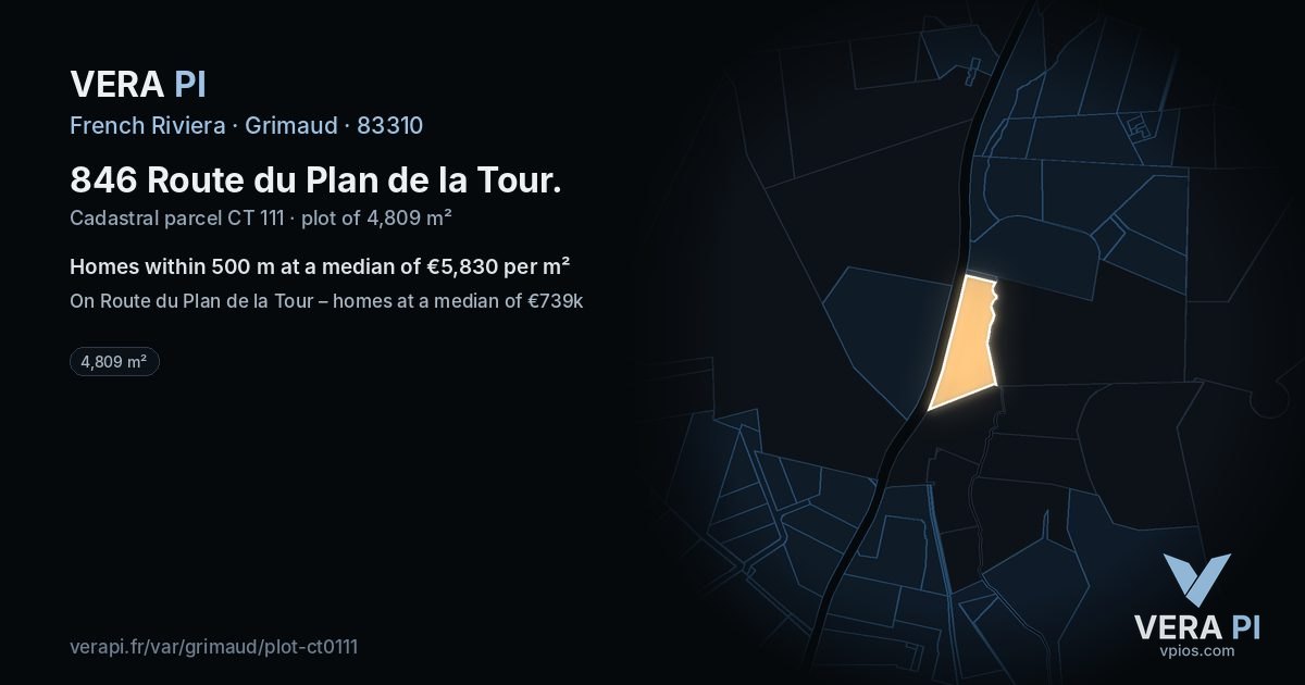 846 Route du Plan de la Tour, Grimaud at night – the plot lit, the parcels around coloured by the prices near them