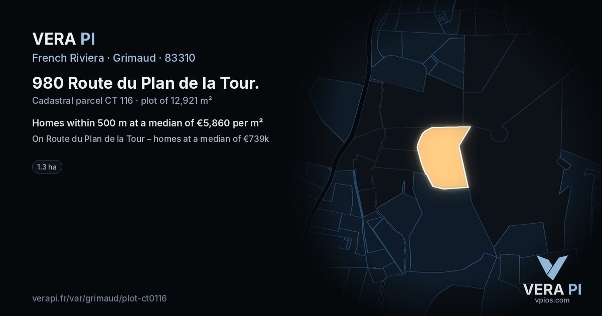 980 Route du Plan de la Tour, Grimaud at night – the plot lit, the parcels around coloured by the prices near them