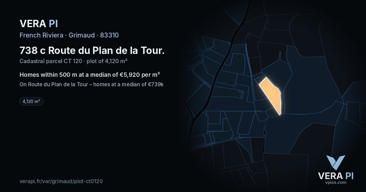 738 c Route du Plan de la Tour, Grimaud at night – the plot lit, the parcels around coloured by the prices near them