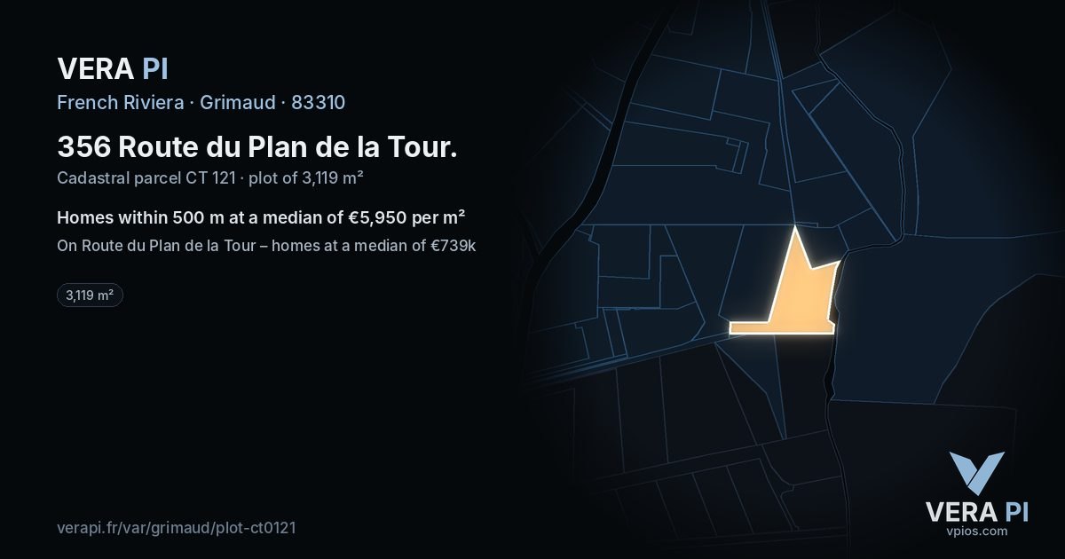 356 Route du Plan de la Tour, Grimaud at night – the plot lit, the parcels around coloured by the prices near them