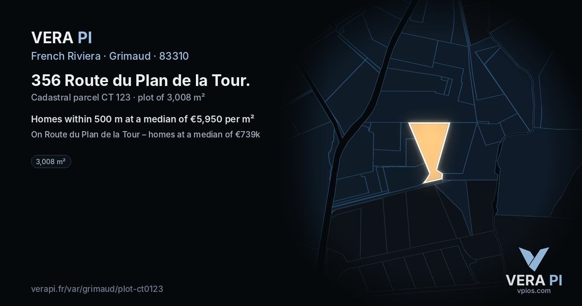 356 Route du Plan de la Tour, Grimaud at night – the plot lit, the parcels around coloured by the prices near them