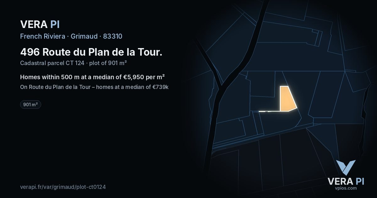 496 Route du Plan de la Tour, Grimaud at night – the plot lit, the parcels around coloured by the prices near them