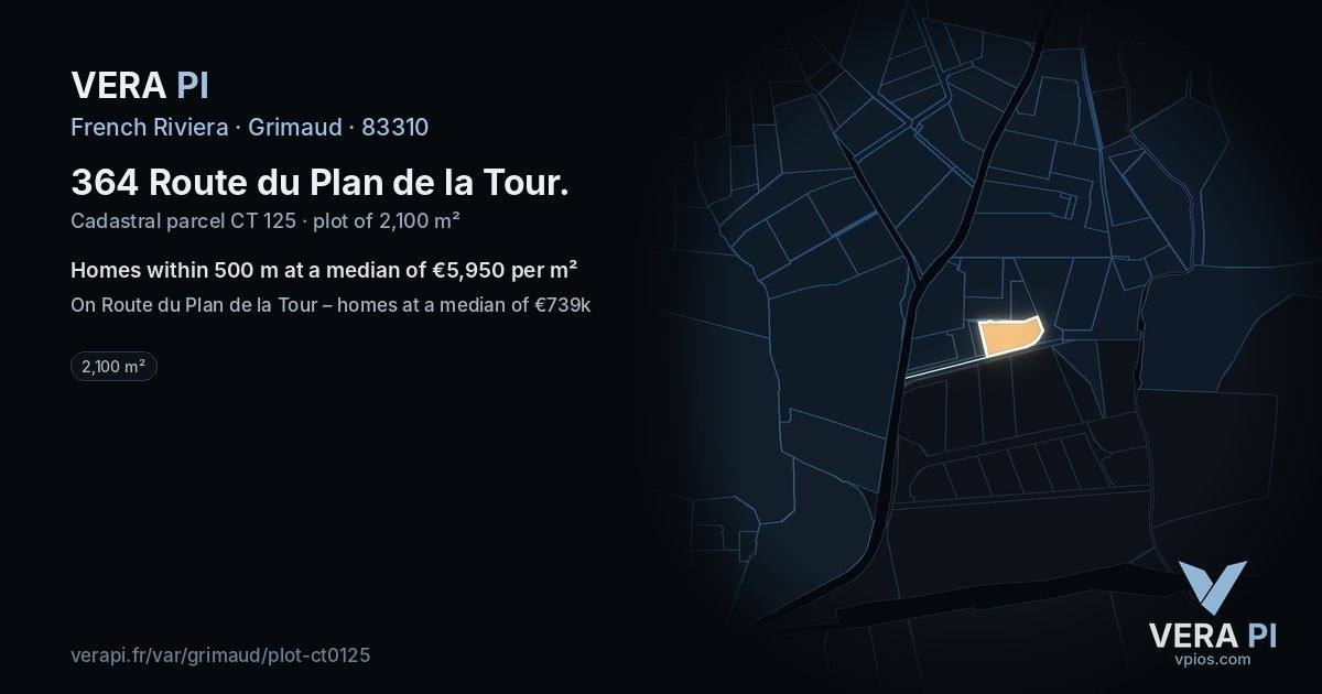 364 Route du Plan de la Tour, Grimaud at night – the plot lit, the parcels around coloured by the prices near them