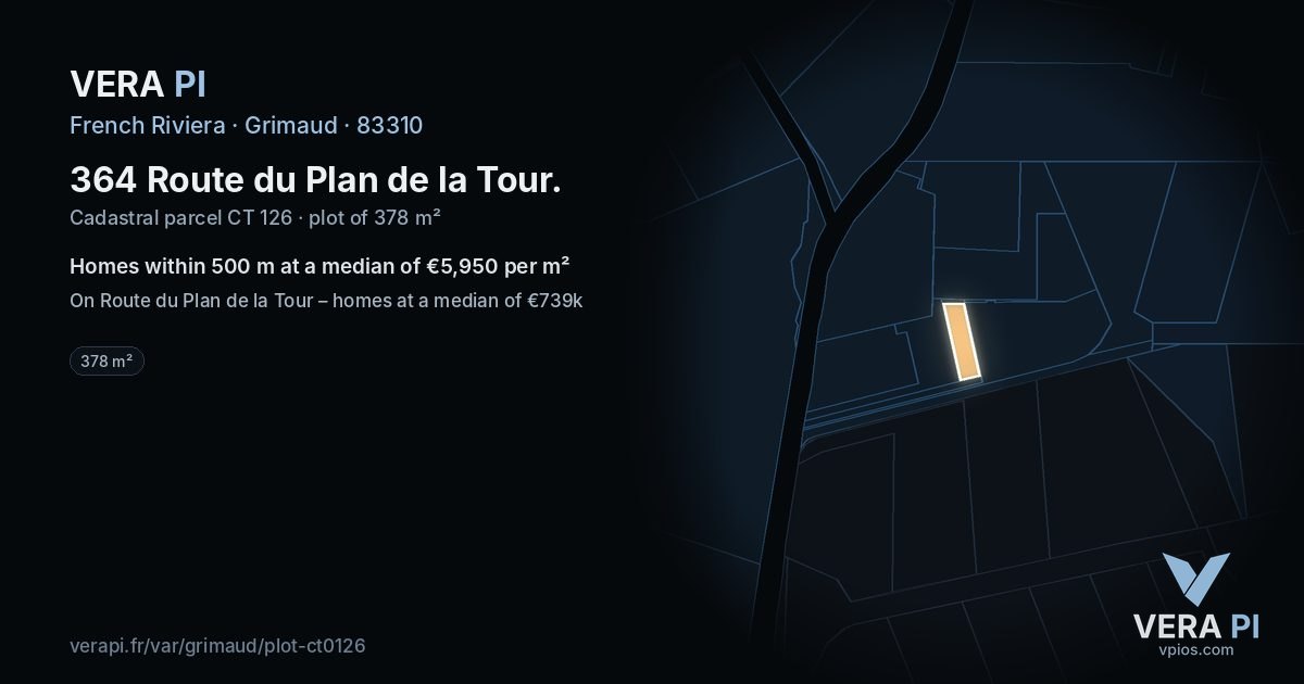 364 Route du Plan de la Tour, Grimaud at night – the plot lit, the parcels around coloured by the prices near them