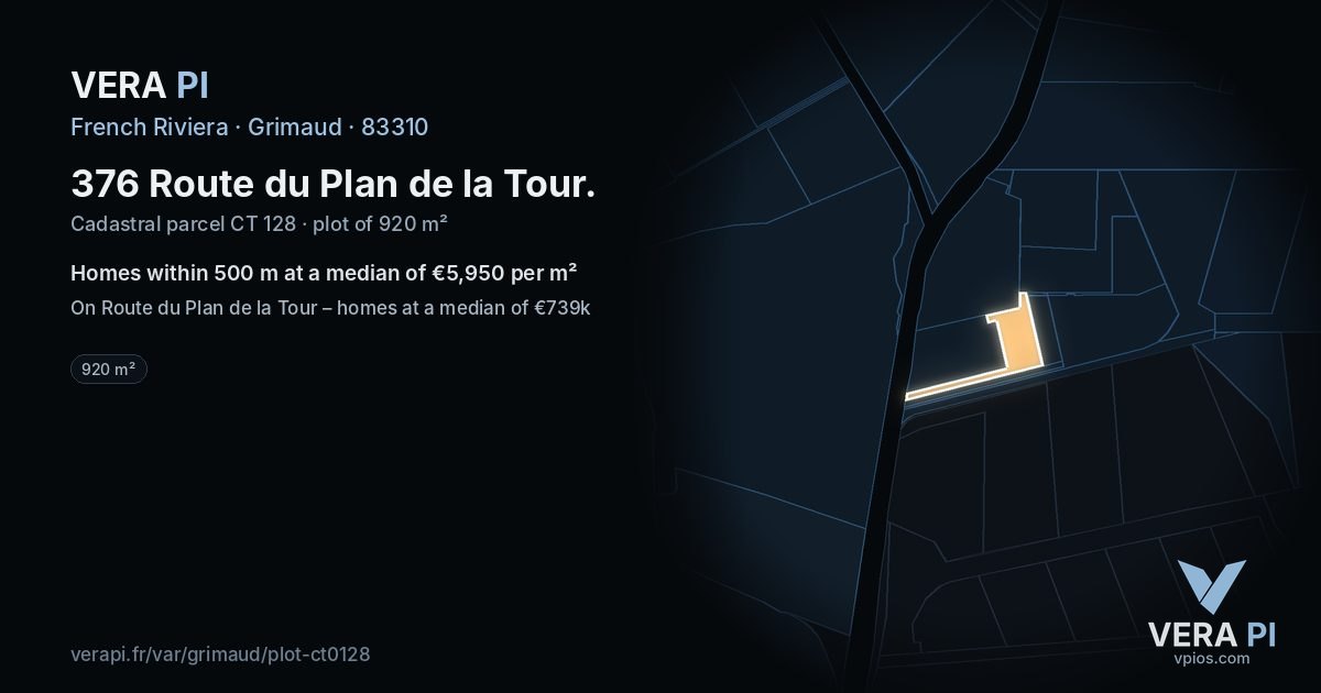 376 Route du Plan de la Tour, Grimaud at night – the plot lit, the parcels around coloured by the prices near them