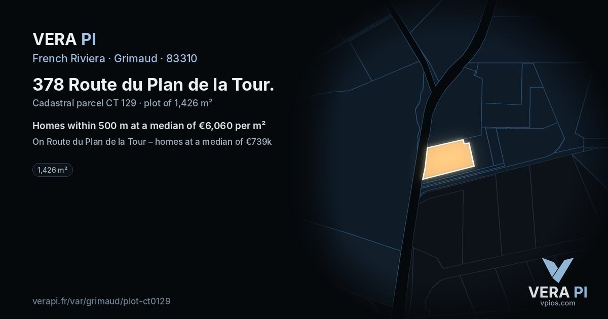 378 Route du Plan de la Tour, Grimaud at night – the plot lit, the parcels around coloured by the prices near them