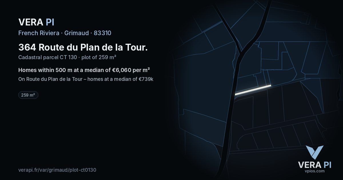 364 Route du Plan de la Tour, Grimaud at night – the plot lit, the parcels around coloured by the prices near them