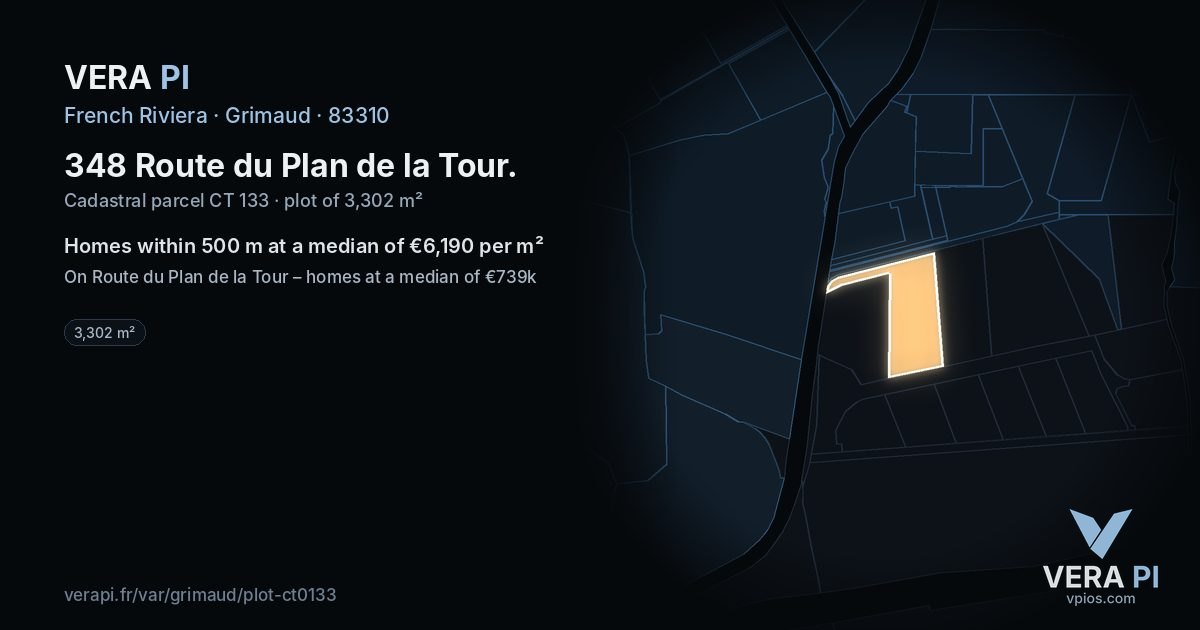 348 Route du Plan de la Tour, Grimaud at night – the plot lit, the parcels around coloured by the prices near them