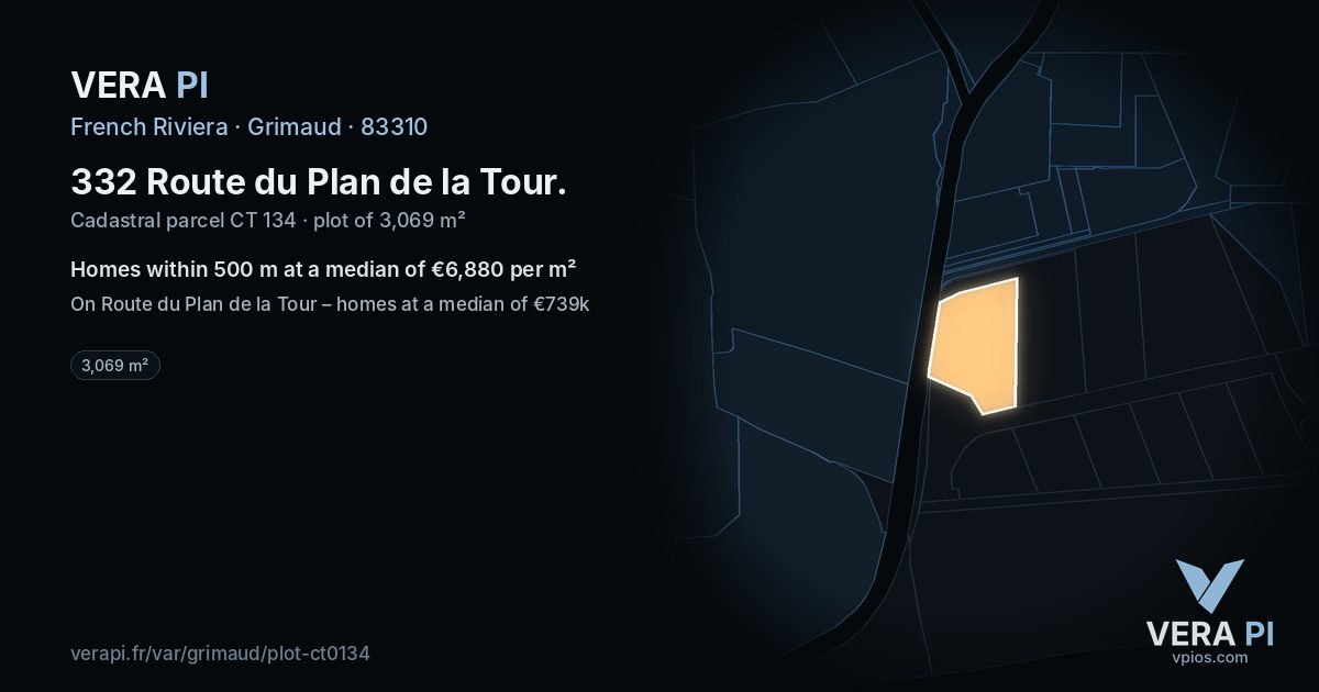 332 Route du Plan de la Tour, Grimaud at night – the plot lit, the parcels around coloured by the prices near them