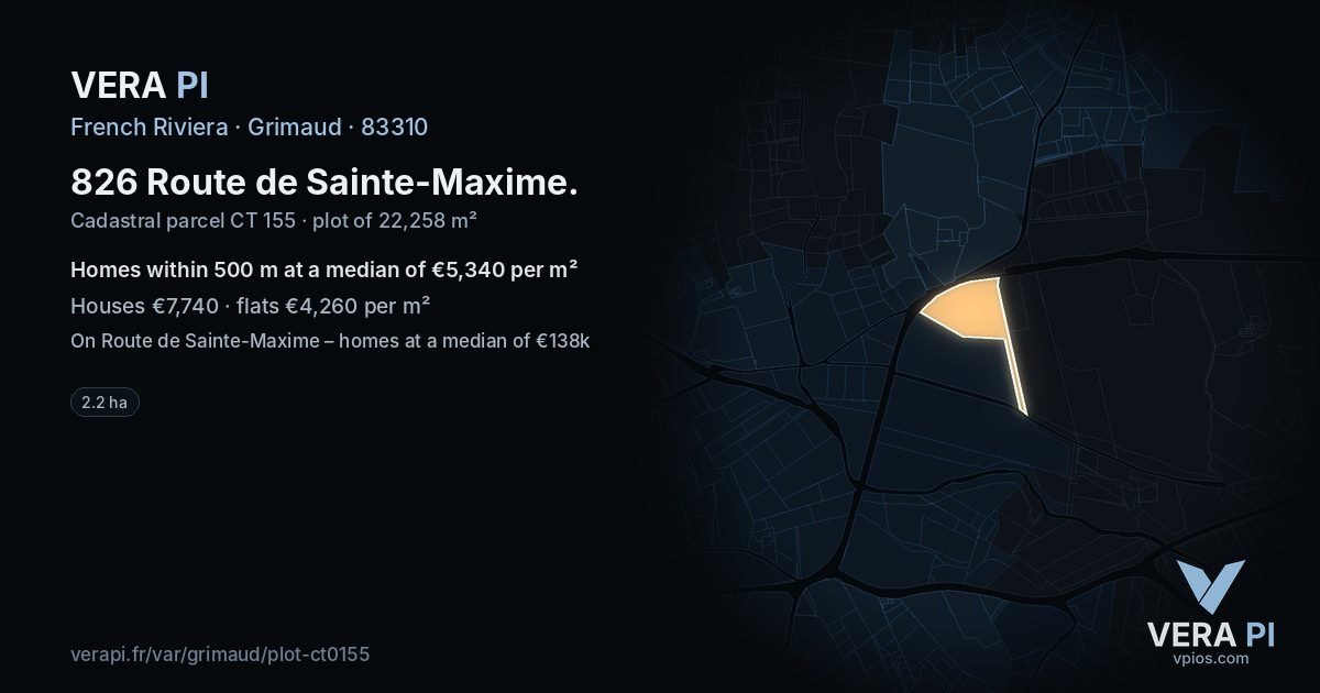 826 Route de Sainte-Maxime, Grimaud at night – the plot lit, the parcels around coloured by the prices near them