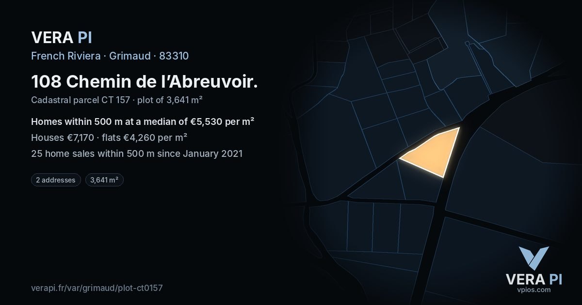 108 Chemin de l’Abreuvoir, Grimaud at night – the plot lit, the parcels around coloured by the prices near them