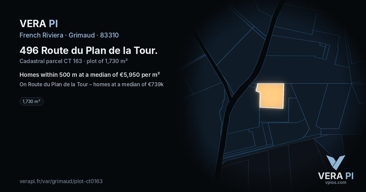496 Route du Plan de la Tour, Grimaud at night – the plot lit, the parcels around coloured by the prices near them