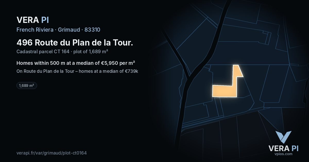 496 Route du Plan de la Tour, Grimaud at night – the plot lit, the parcels around coloured by the prices near them