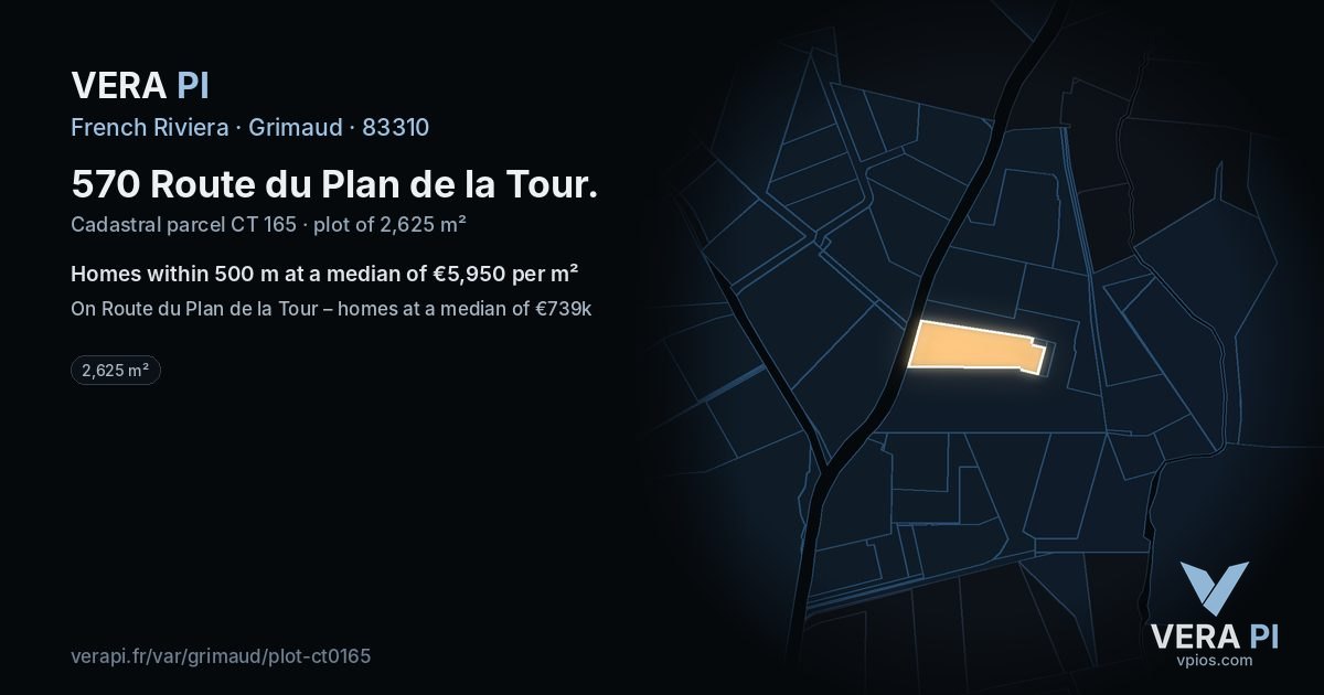 570 Route du Plan de la Tour, Grimaud at night – the plot lit, the parcels around coloured by the prices near them