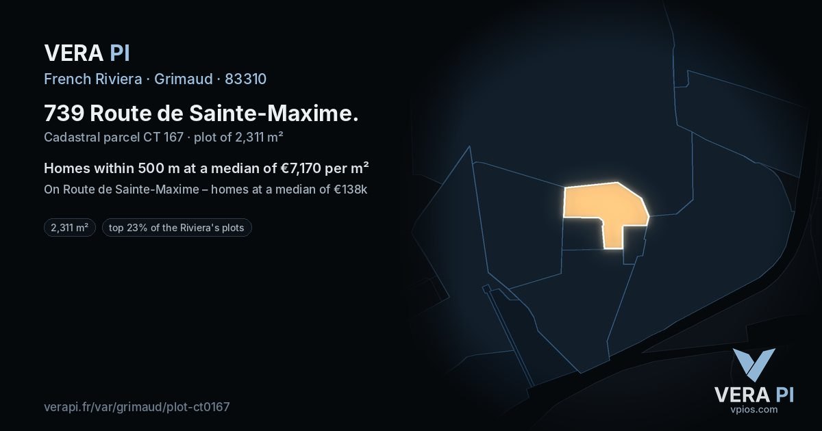 739 Route de Sainte-Maxime, Grimaud at night – the plot lit, the parcels around coloured by the prices near them