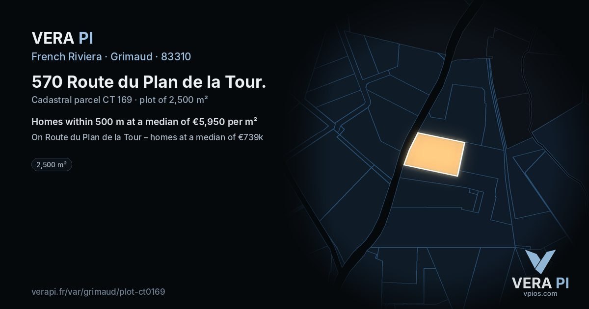 570 Route du Plan de la Tour, Grimaud at night – the plot lit, the parcels around coloured by the prices near them