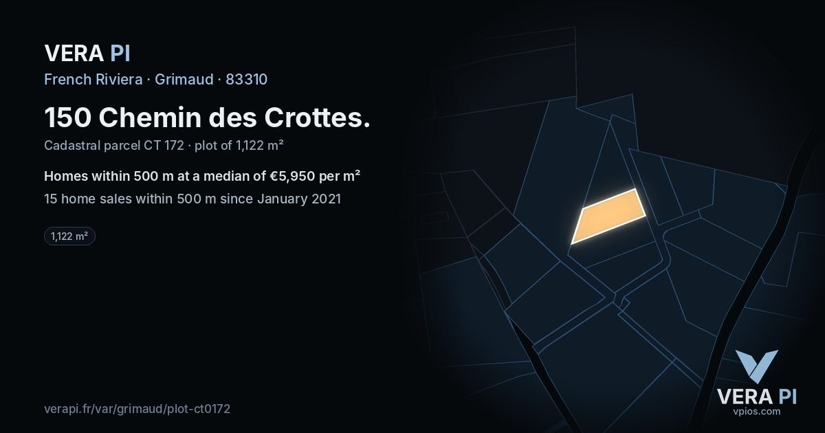 150 Chemin des Crottes, Grimaud at night – the plot lit, the parcels around coloured by the prices near them