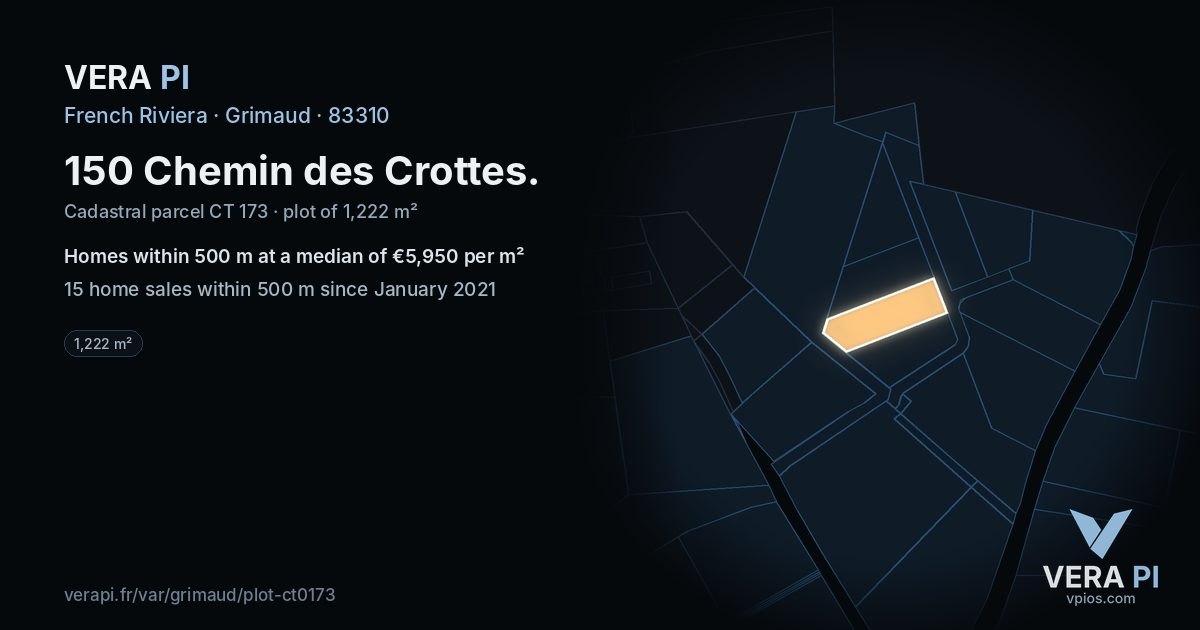 150 Chemin des Crottes, Grimaud at night – the plot lit, the parcels around coloured by the prices near them