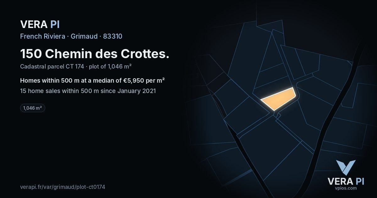 150 Chemin des Crottes, Grimaud at night – the plot lit, the parcels around coloured by the prices near them
