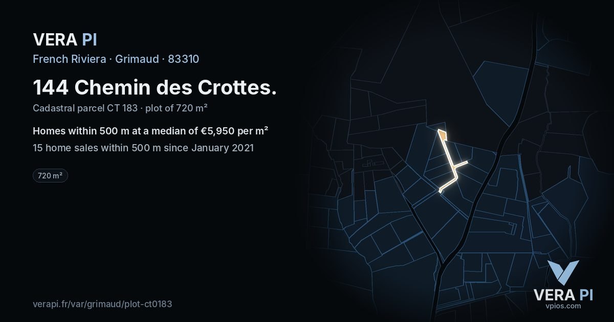 144 Chemin des Crottes, Grimaud at night – the plot lit, the parcels around coloured by the prices near them