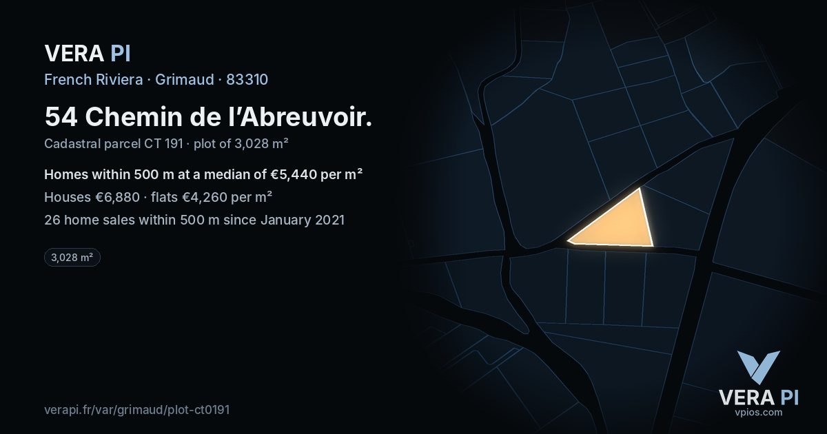 54 Chemin de l’Abreuvoir, Grimaud at night – the plot lit, the parcels around coloured by the prices near them