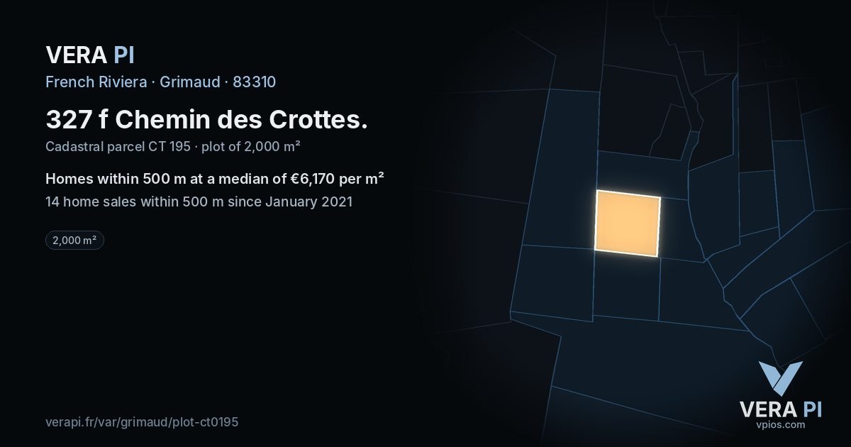 327 f Chemin des Crottes, Grimaud at night – the plot lit, the parcels around coloured by the prices near them