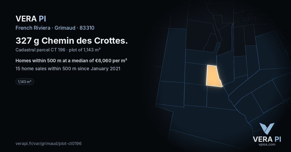 327 g Chemin des Crottes, Grimaud at night – the plot lit, the parcels around coloured by the prices near them