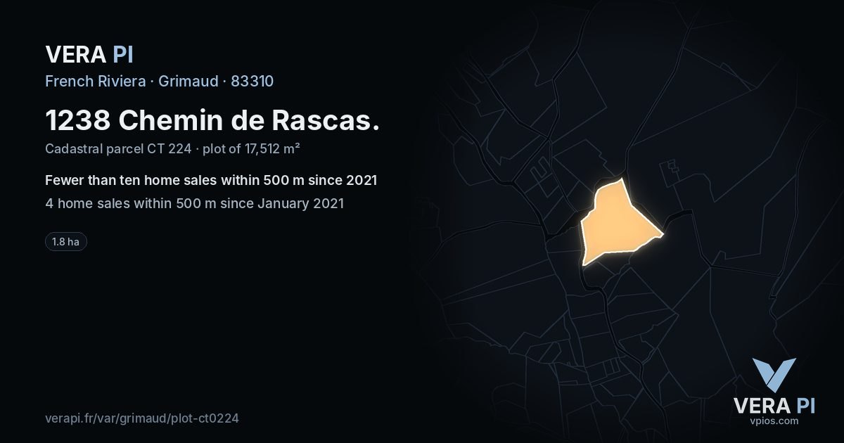 1238 Chemin de Rascas, Grimaud at night – the plot lit, the parcels around coloured by the prices near them