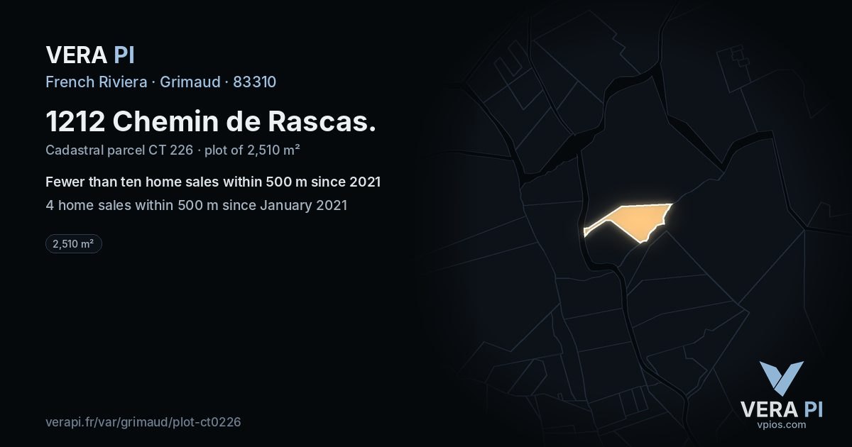 1212 Chemin de Rascas, Grimaud at night – the plot lit, the parcels around coloured by the prices near them