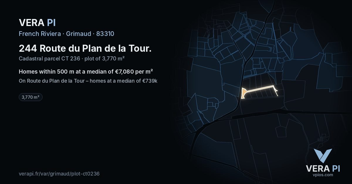 244 Route du Plan de la Tour, Grimaud at night – the plot lit, the parcels around coloured by the prices near them