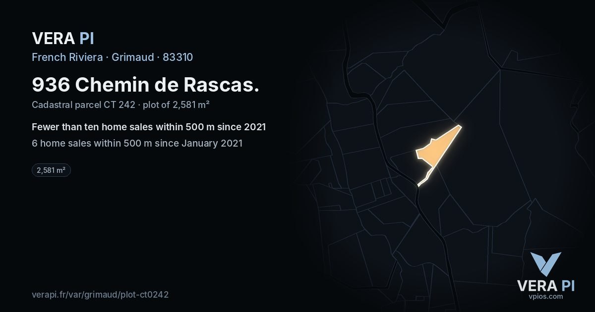 936 Chemin de Rascas, Grimaud at night – the plot lit, the parcels around coloured by the prices near them