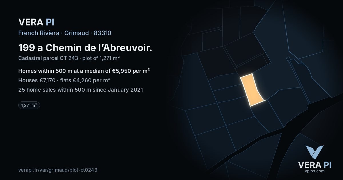199 a Chemin de l’Abreuvoir, Grimaud at night – the plot lit, the parcels around coloured by the prices near them