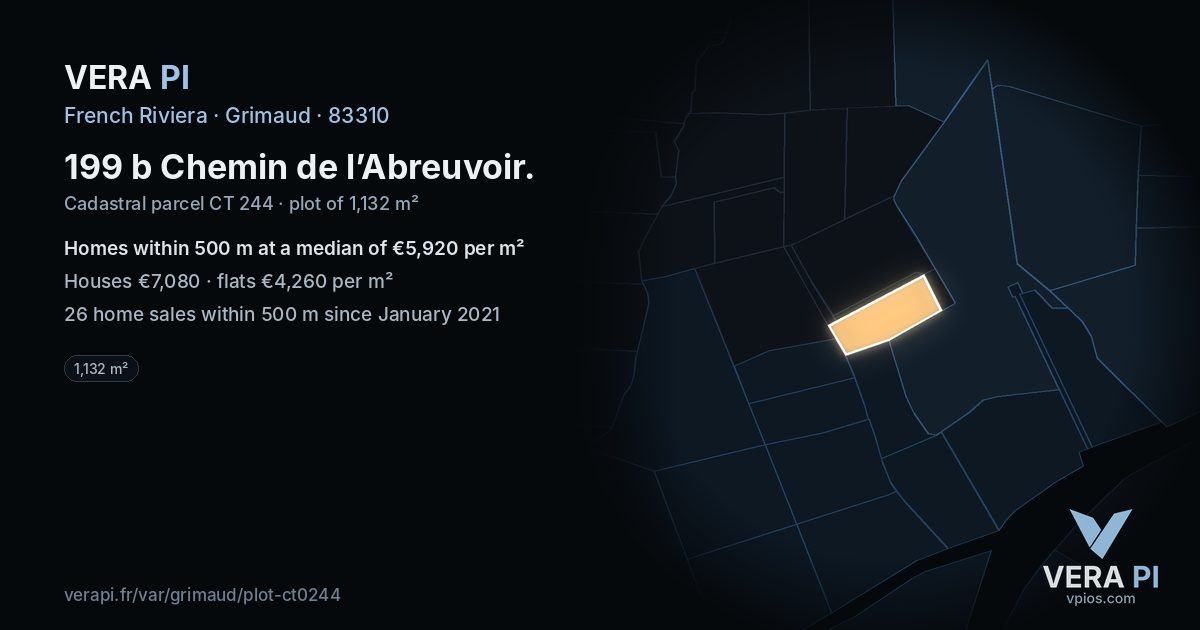 199 b Chemin de l’Abreuvoir, Grimaud at night – the plot lit, the parcels around coloured by the prices near them