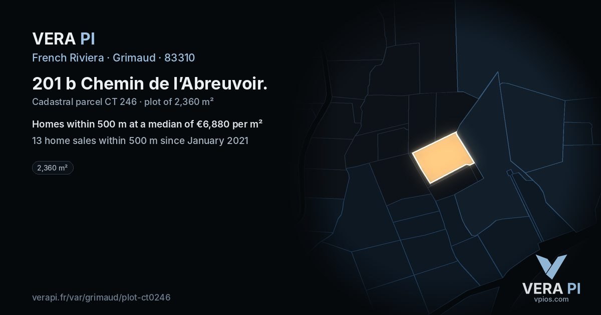 201 b Chemin de l’Abreuvoir, Grimaud at night – the plot lit, the parcels around coloured by the prices near them