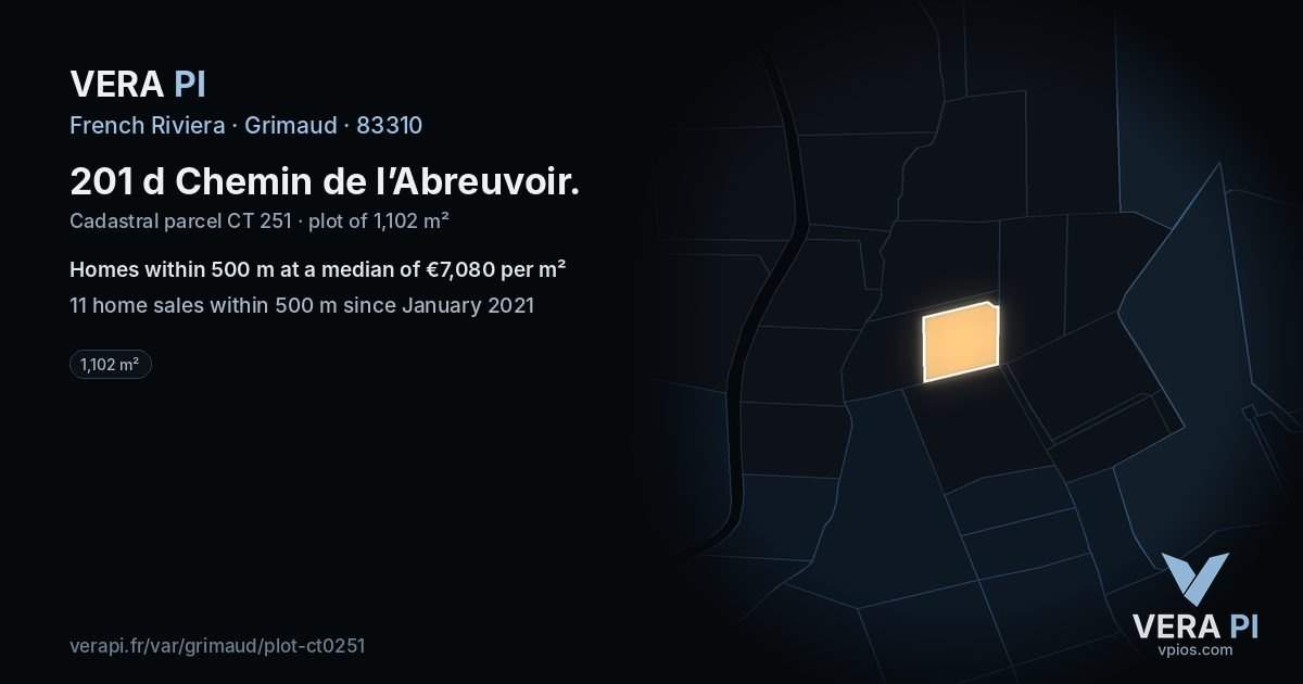 201 d Chemin de l’Abreuvoir, Grimaud at night – the plot lit, the parcels around coloured by the prices near them