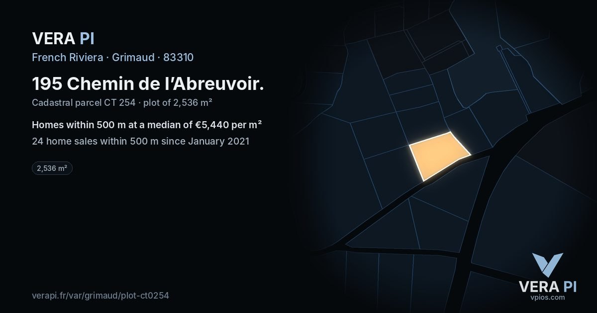 195 Chemin de l’Abreuvoir, Grimaud at night – the plot lit, the parcels around coloured by the prices near them