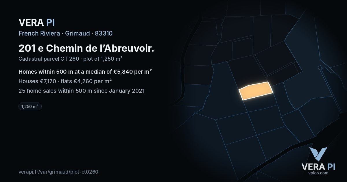 201 e Chemin de l’Abreuvoir, Grimaud at night – the plot lit, the parcels around coloured by the prices near them