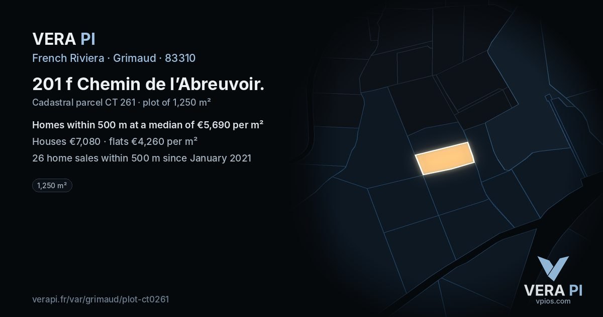 201 f Chemin de l’Abreuvoir, Grimaud at night – the plot lit, the parcels around coloured by the prices near them