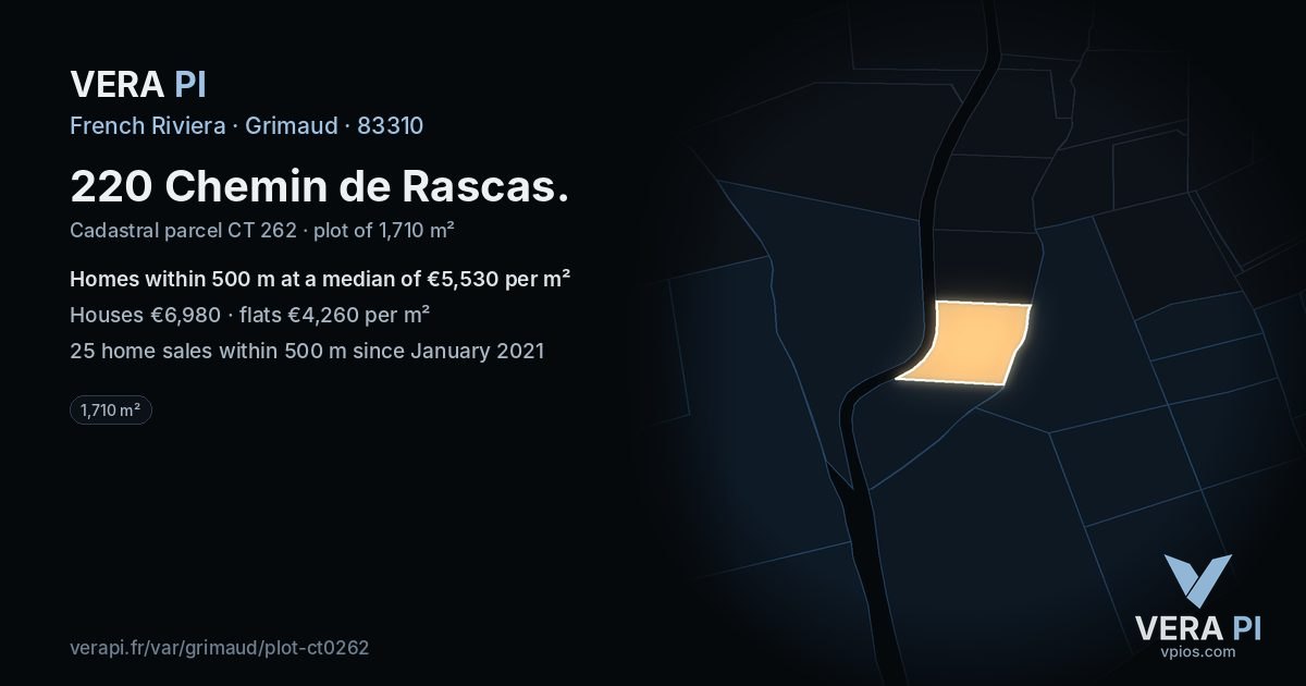 220 Chemin de Rascas, Grimaud at night – the plot lit, the parcels around coloured by the prices near them