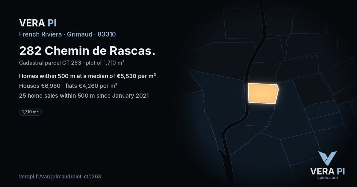 282 Chemin de Rascas, Grimaud at night – the plot lit, the parcels around coloured by the prices near them
