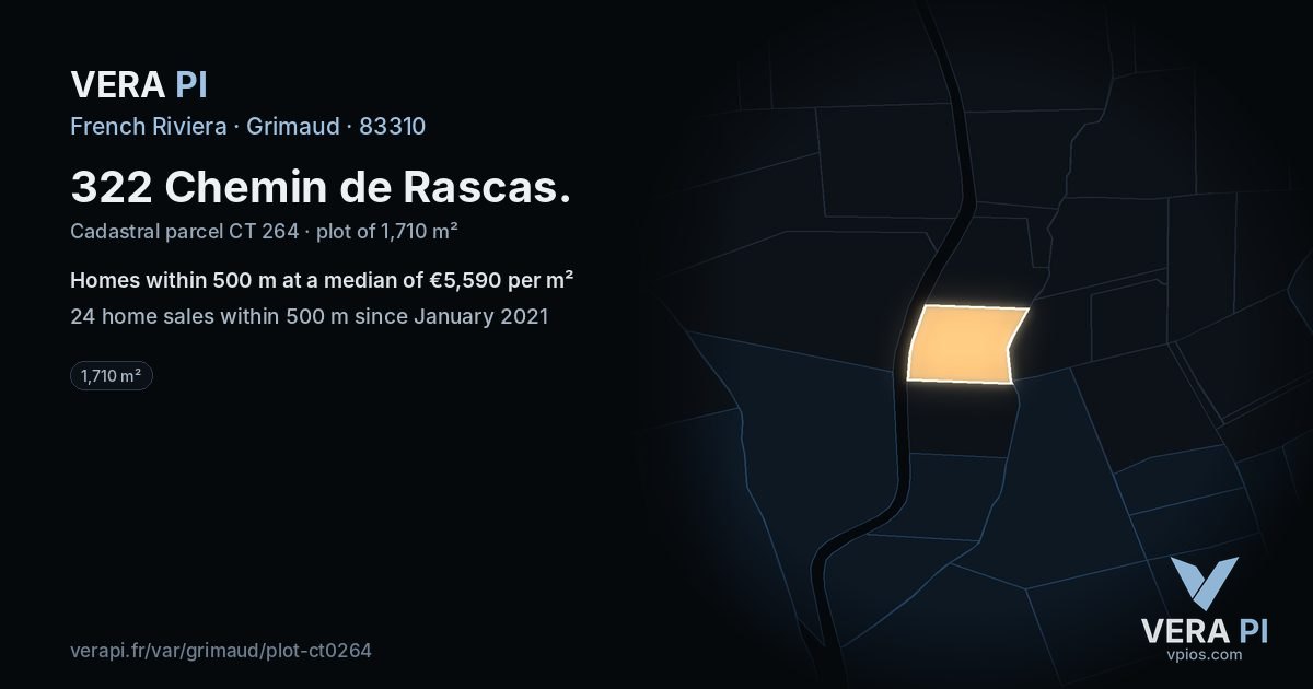 322 Chemin de Rascas, Grimaud at night – the plot lit, the parcels around coloured by the prices near them