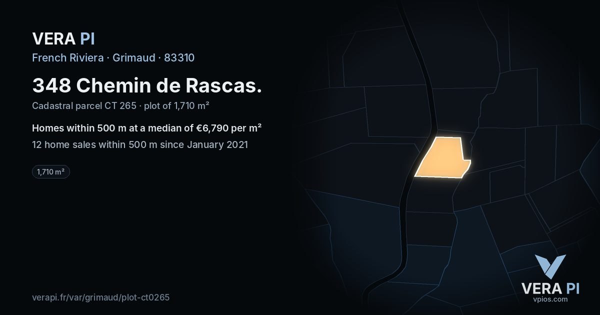 348 Chemin de Rascas, Grimaud at night – the plot lit, the parcels around coloured by the prices near them