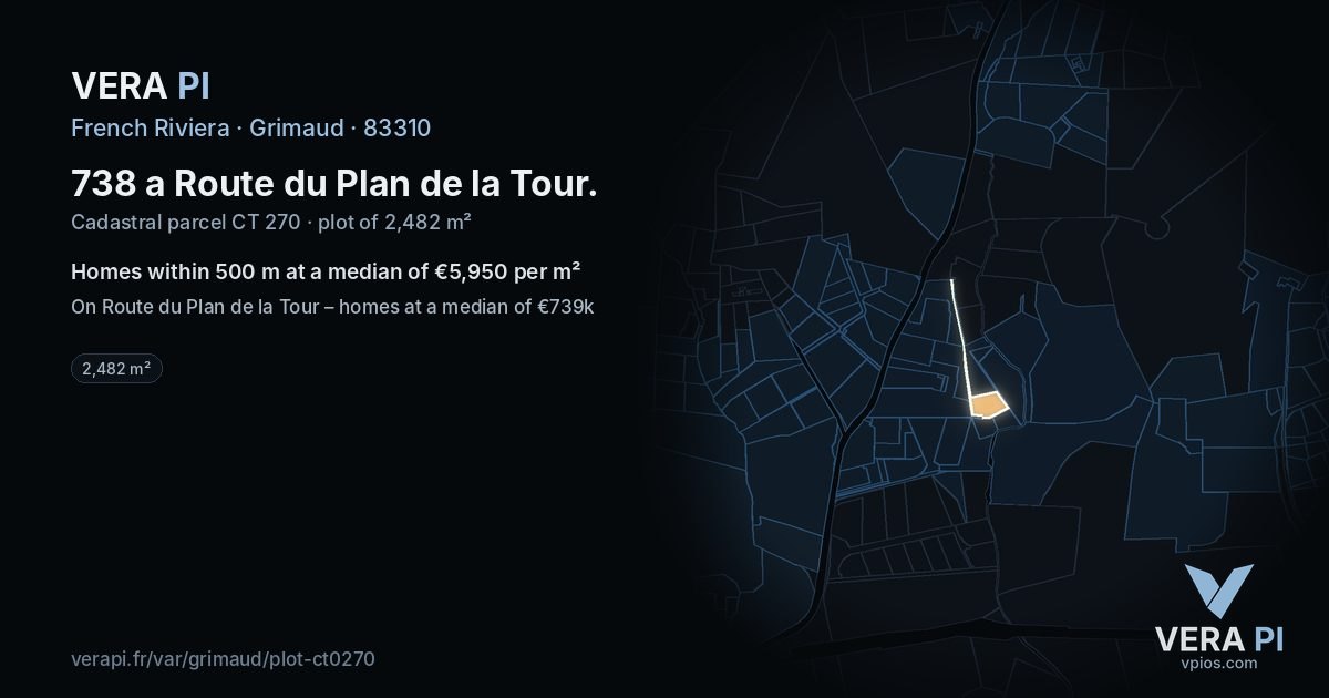 738 a Route du Plan de la Tour, Grimaud at night – the plot lit, the parcels around coloured by the prices near them