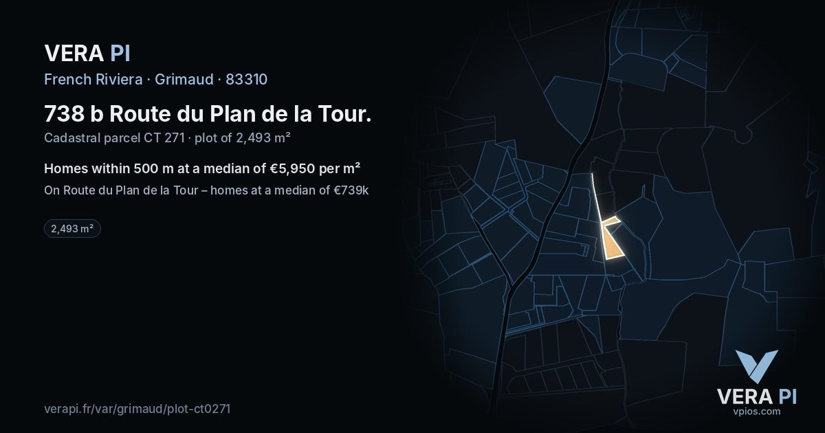 738 b Route du Plan de la Tour, Grimaud at night – the plot lit, the parcels around coloured by the prices near them