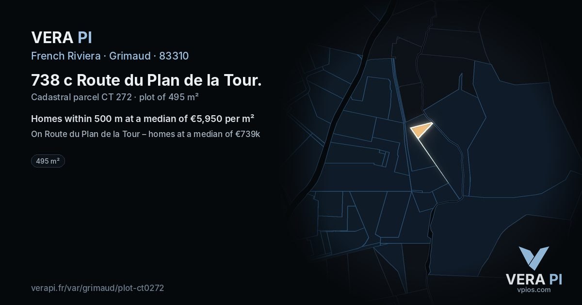 738 c Route du Plan de la Tour, Grimaud at night – the plot lit, the parcels around coloured by the prices near them