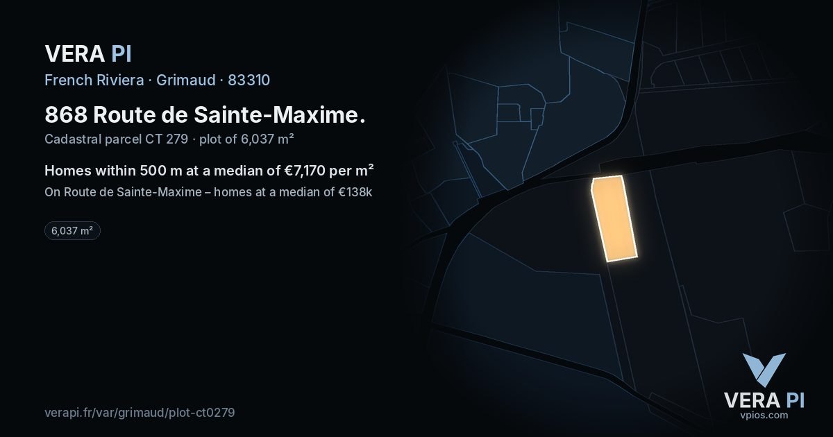 868 Route de Sainte-Maxime, Grimaud at night – the plot lit, the parcels around coloured by the prices near them